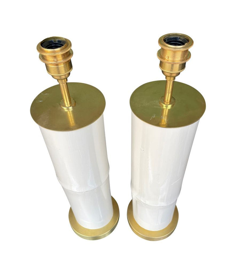 Ivory lacquered real bamboo and brass table lamps