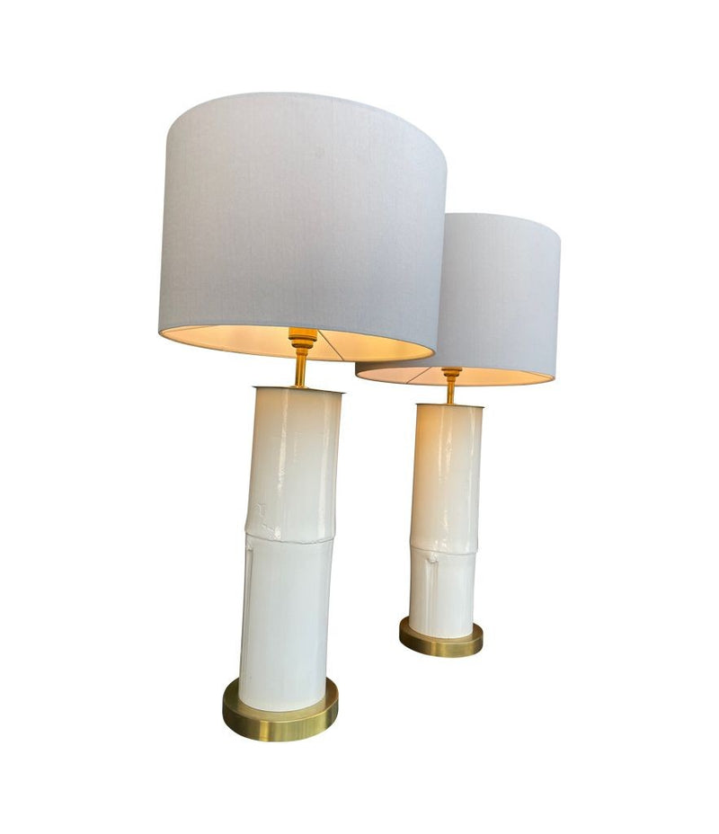 Ivory lacquered real bamboo and brass table lamps