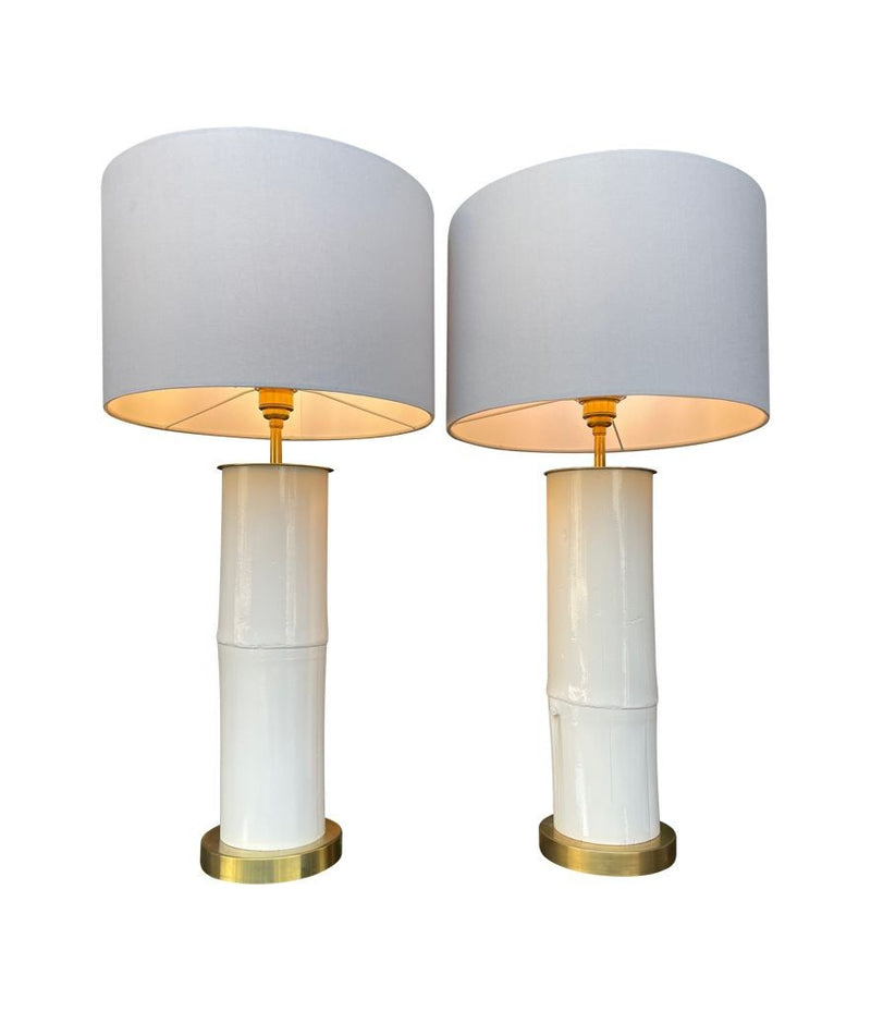 Ivory lacquered real bamboo and brass table lamps