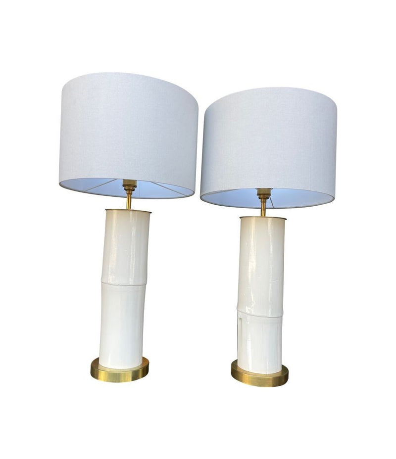 Ivory lacquered real bamboo and brass table lamps