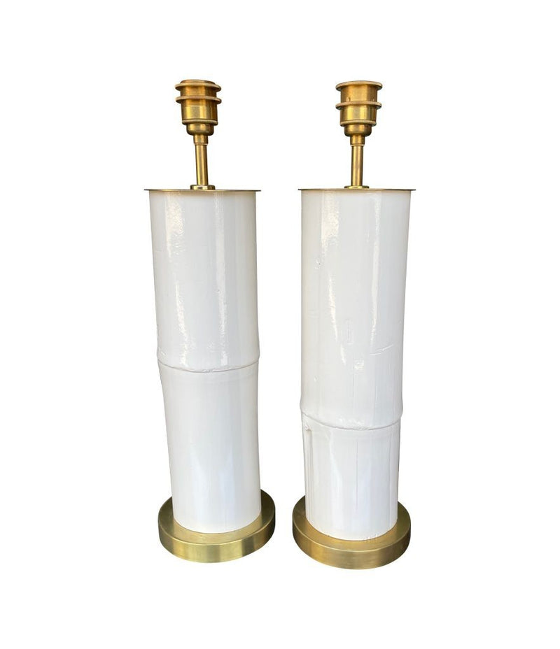 Ivory lacquered real bamboo and brass table lamps