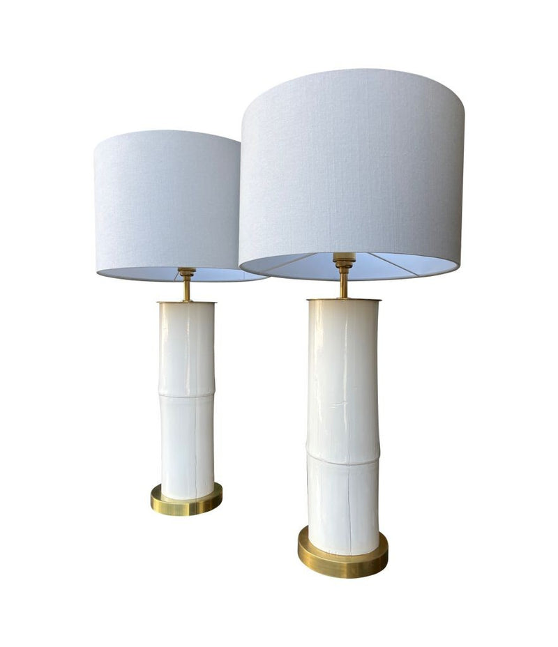 Ivory lacquered real bamboo and brass table lamps