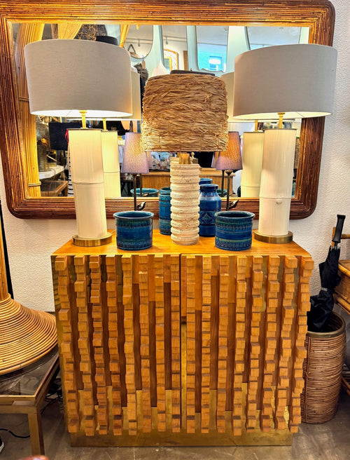 Ivory lacquered real bamboo and brass table lamps