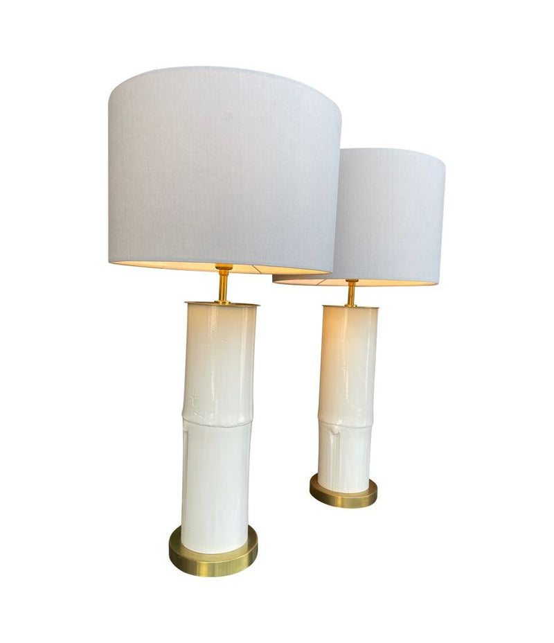 Ivory lacquered real bamboo and brass table lamps