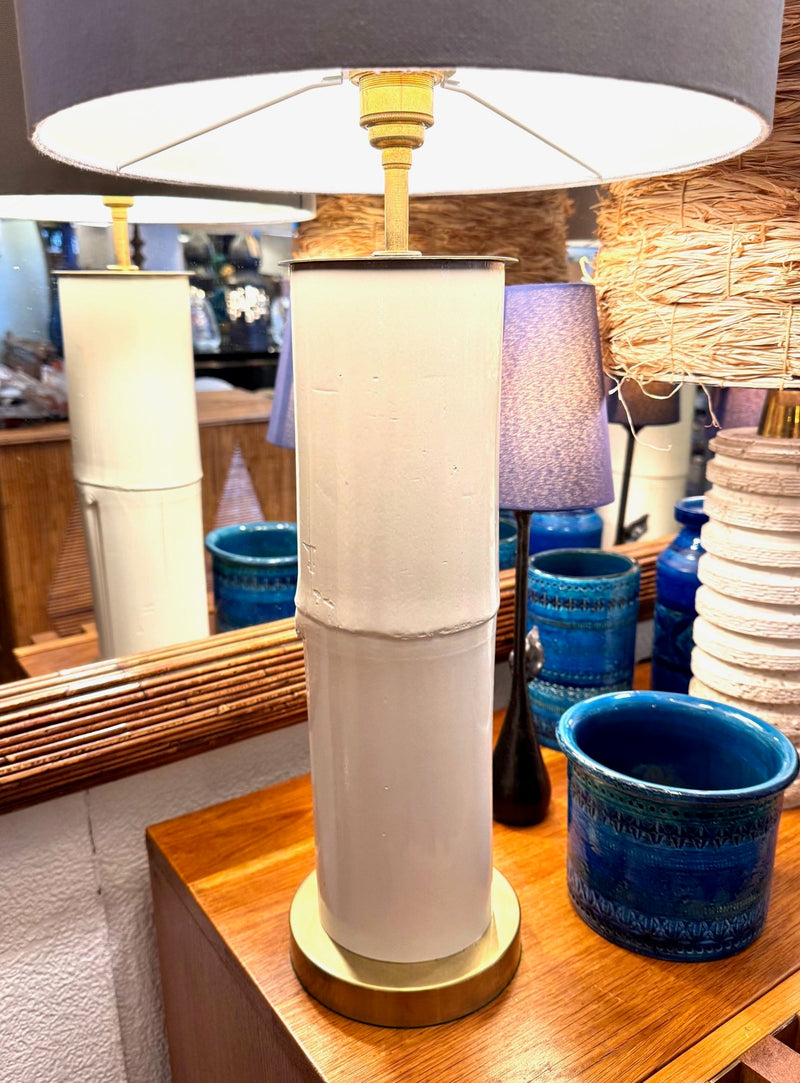Ivory lacquered real bamboo and brass table lamps