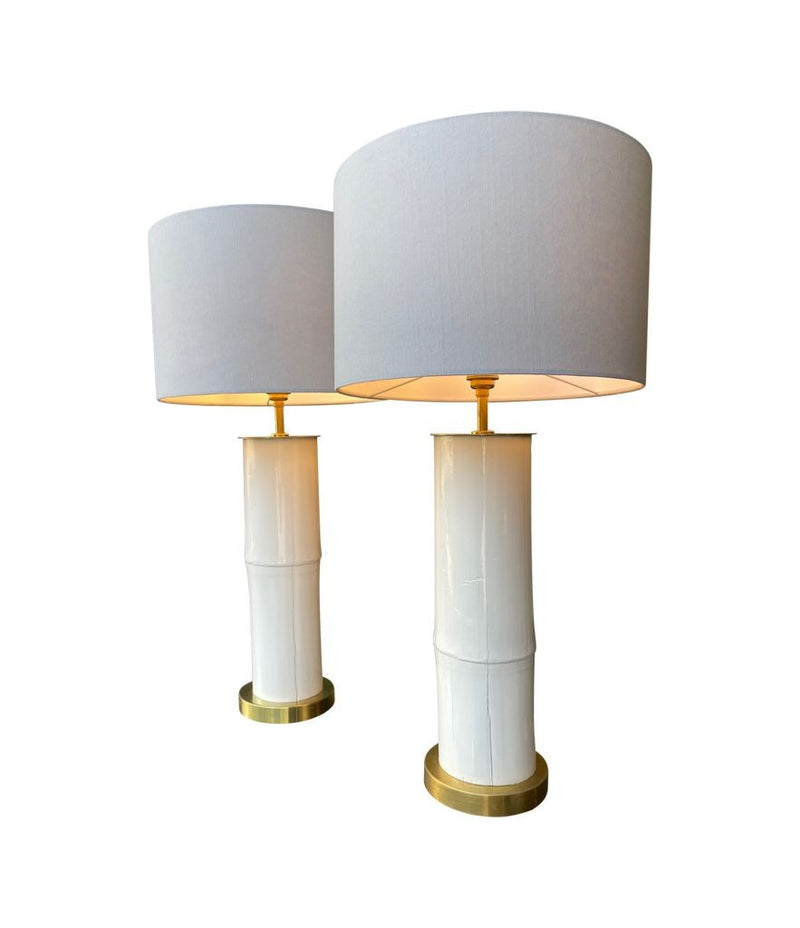 Ivory lacquered real bamboo and brass table lamps