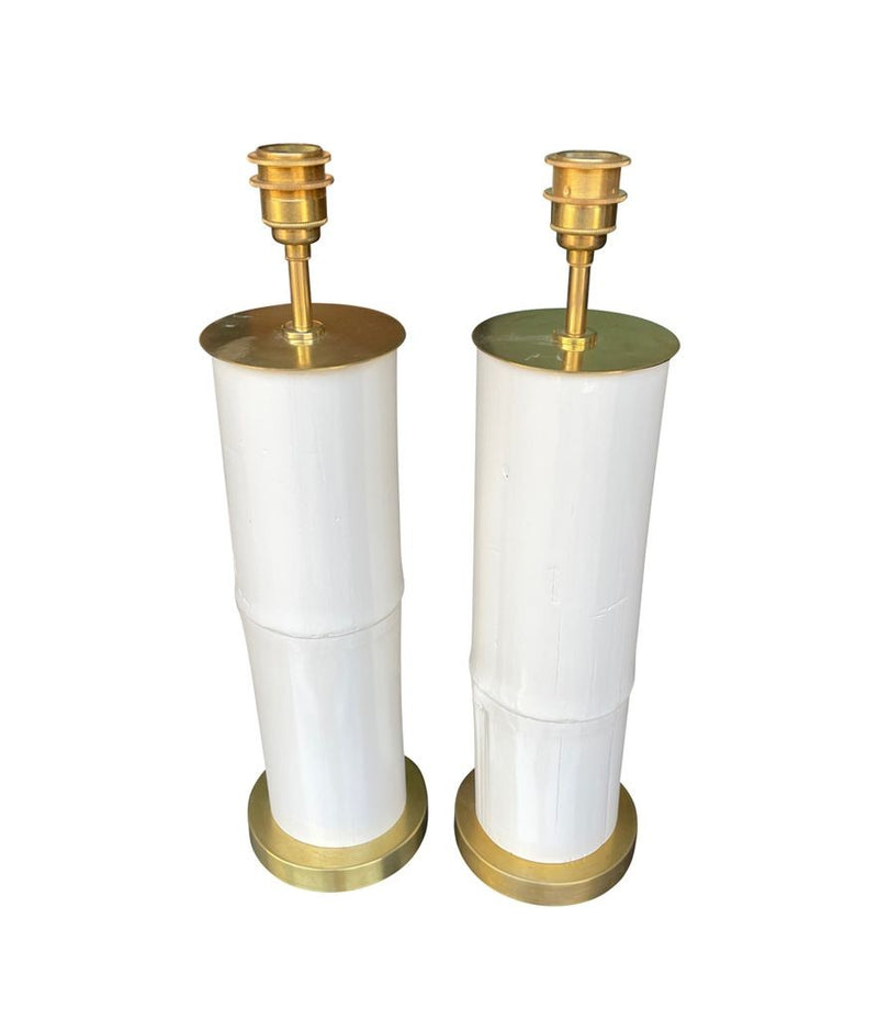Ivory lacquered real bamboo and brass table lamps