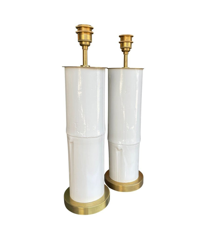 Ivory lacquered real bamboo and brass table lamps