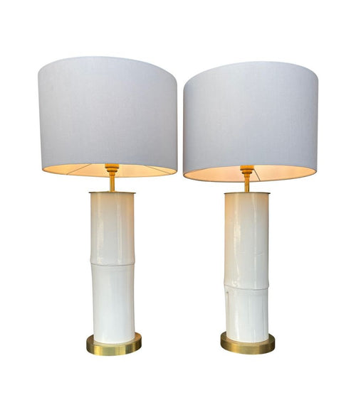 Ivory lacquered real bamboo and brass table lamps