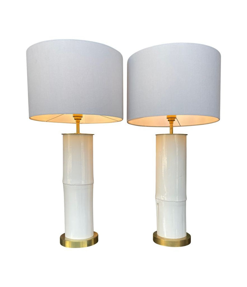 Ivory lacquered real bamboo and brass table lamps
