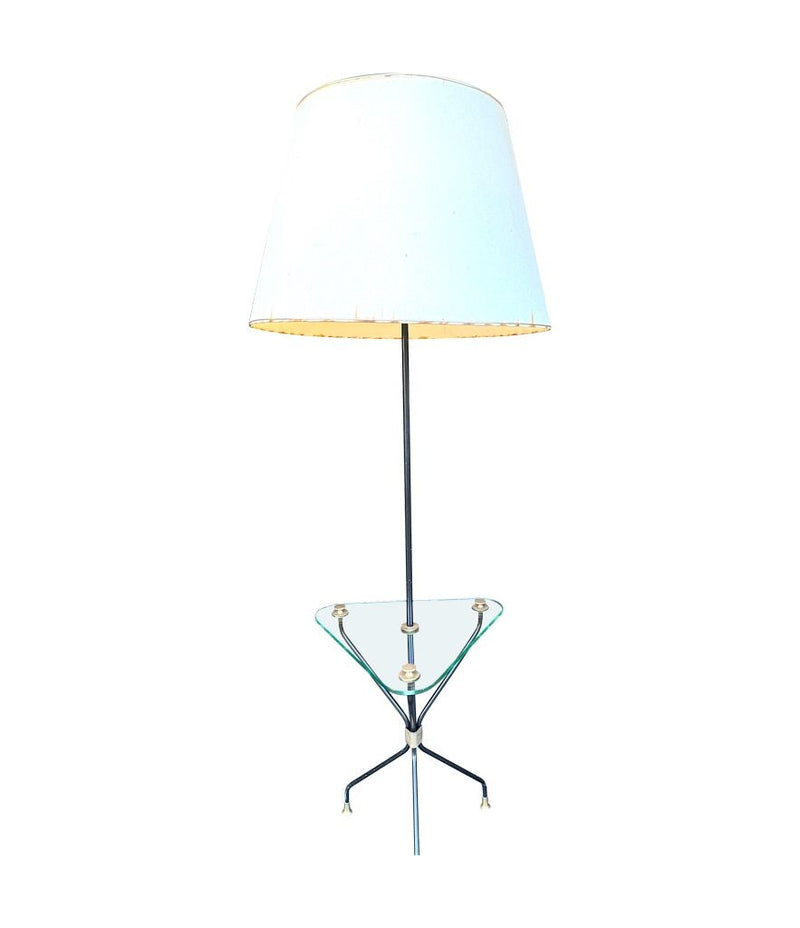 Mid century floor lamp black lacquer and brass tripod design with glass centre table - French - 1950s