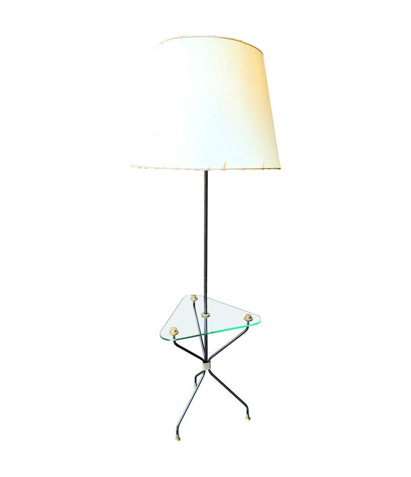 Mid century floor lamp black lacquer and brass tripod design with glass centre table - French - 1950s