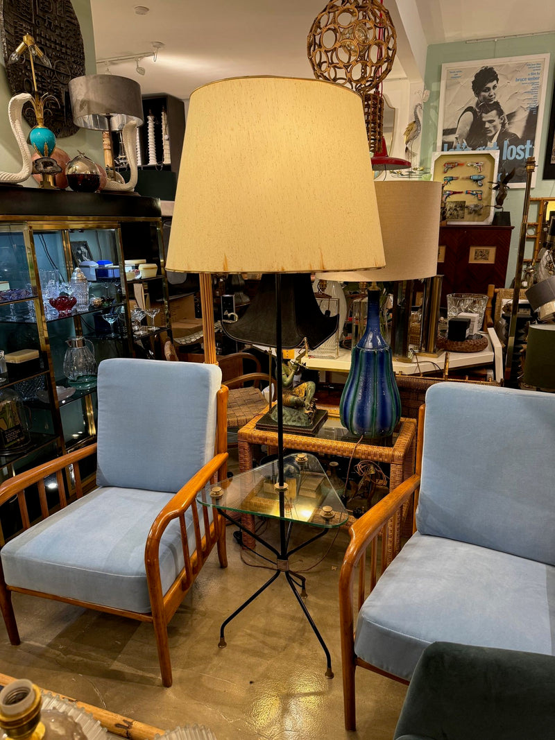 Mid century floor lamp black lacquer and brass tripod design with glass centre table - French - 1950s