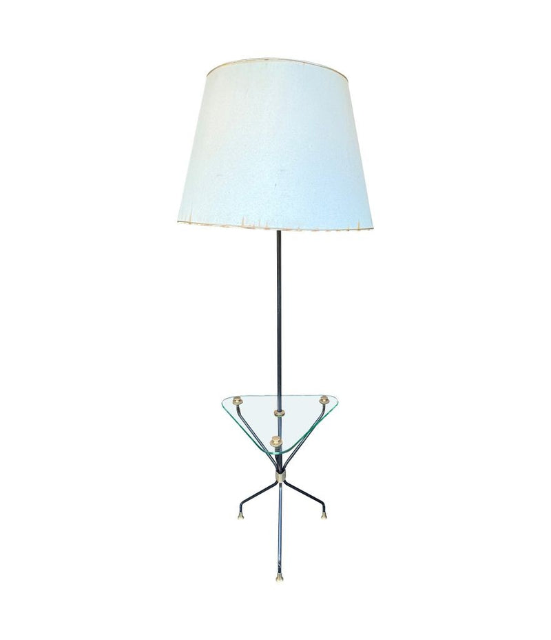 Mid century floor lamp black lacquer and brass tripod design with glass centre table - French - 1950s