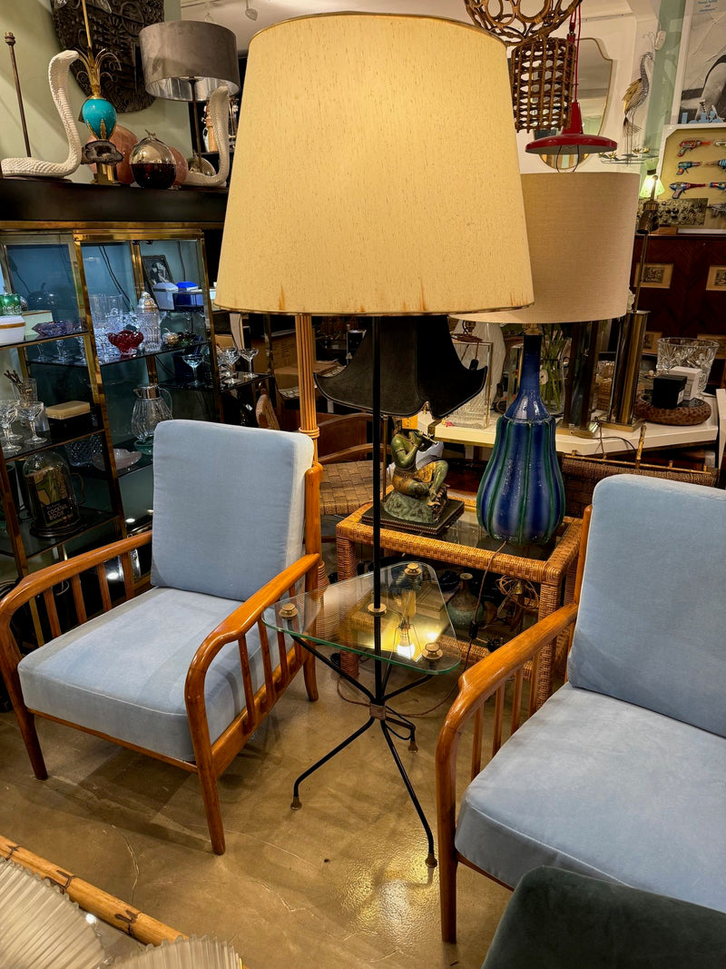 Mid century floor lamp black lacquer and brass tripod design with glass centre table - French - 1950s