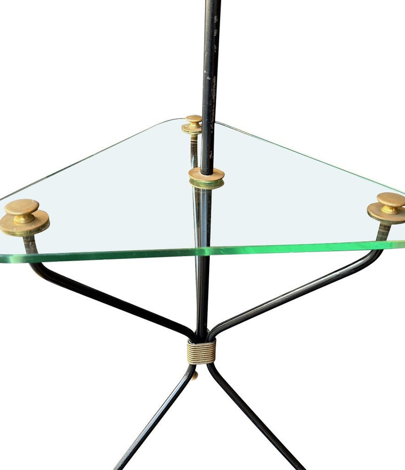 Mid century floor lamp black lacquer and brass tripod design with glass centre table - French - 1950s