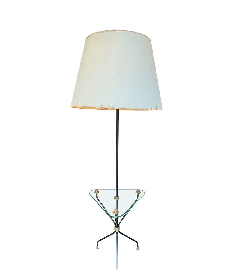Mid century floor lamp black lacquer and brass tripod design with glass centre table - French - 1950s