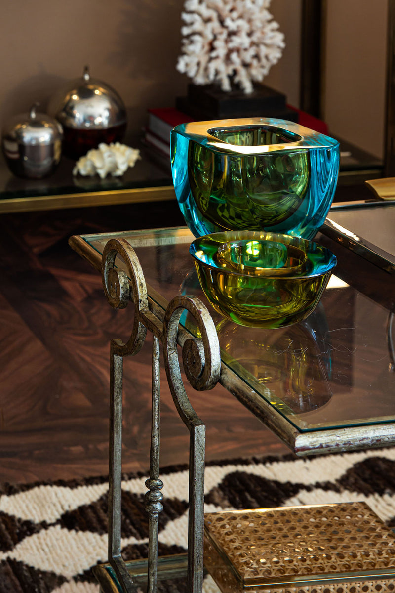 Mid century Murano glass bowl turquoise and green Sommerso by Seguso