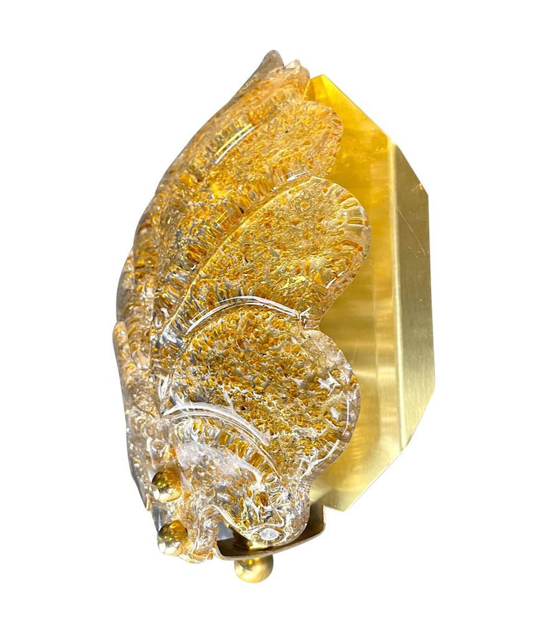 Pair of Mid Century Orrefors glass and brass leaf wall sconces by Reijmyre