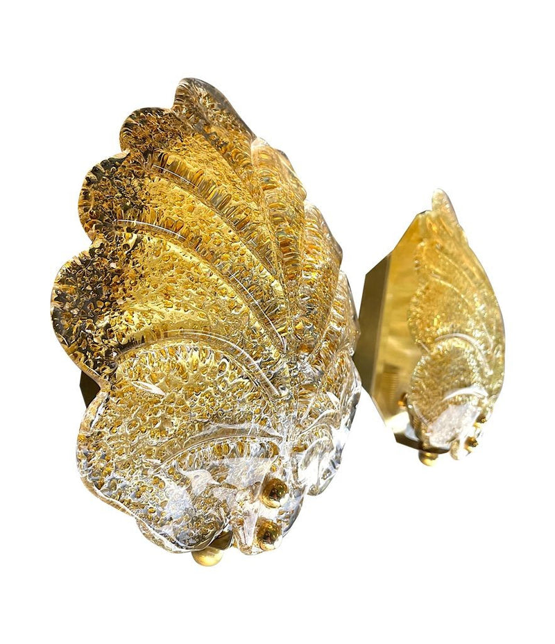 Pair of Mid Century Orrefors glass and brass leaf wall sconces by Reijmyre
