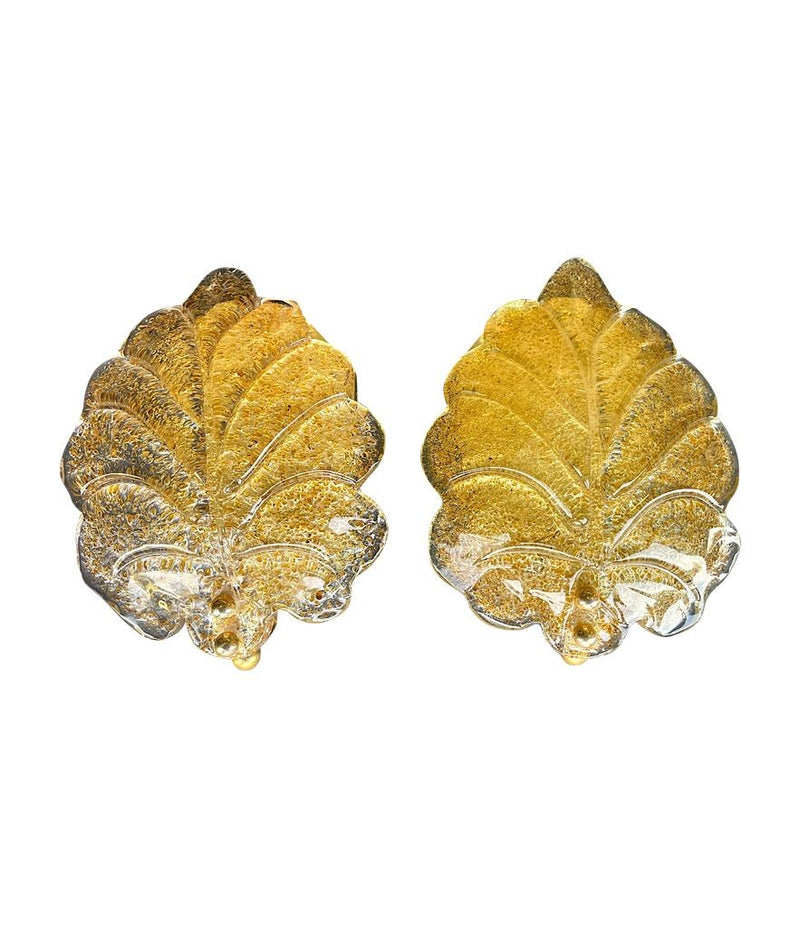 Pair of Mid Century Orrefors glass and brass leaf wall sconces by Reijmyre