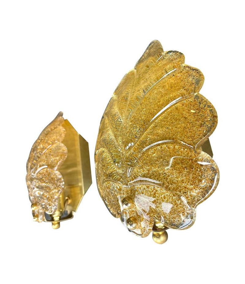 Pair of Mid Century Orrefors glass and brass leaf wall sconces by Reijmyre