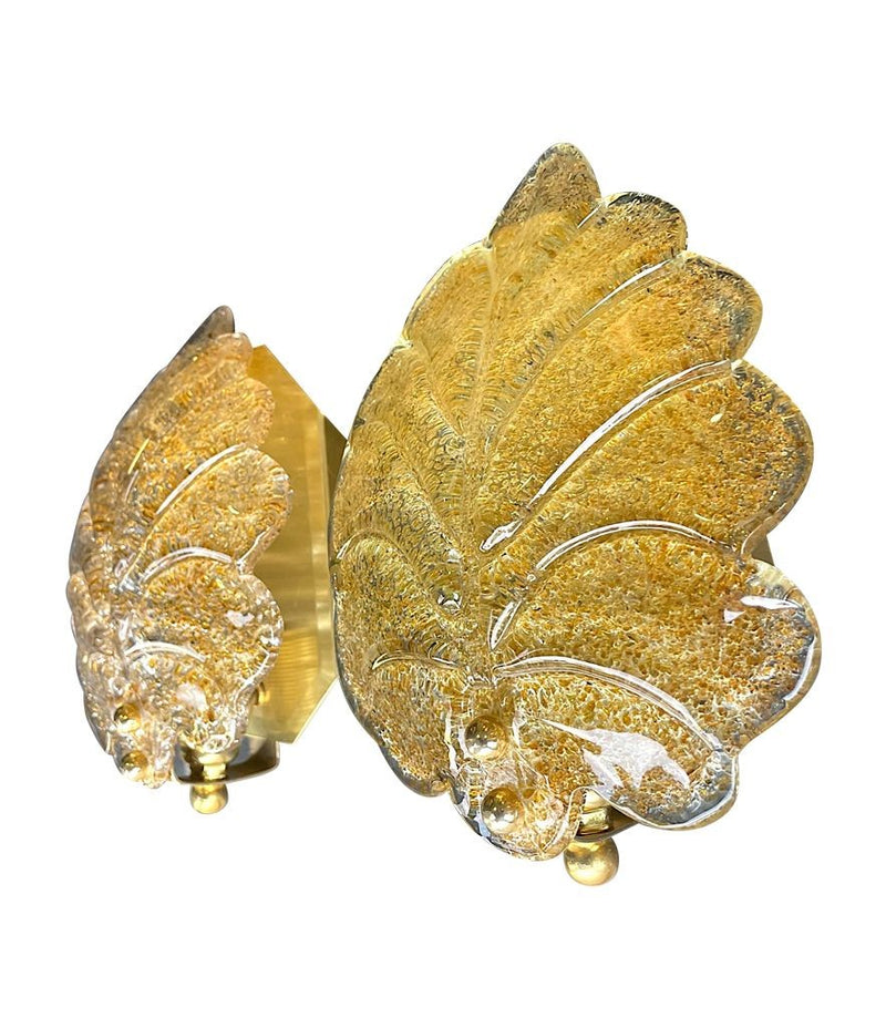 Pair of Mid Century Orrefors glass and brass leaf wall sconces by Reijmyre