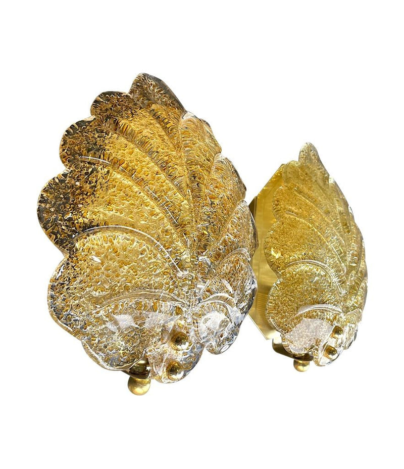 Pair of Mid Century Orrefors glass and brass leaf wall sconces by Reijmyre