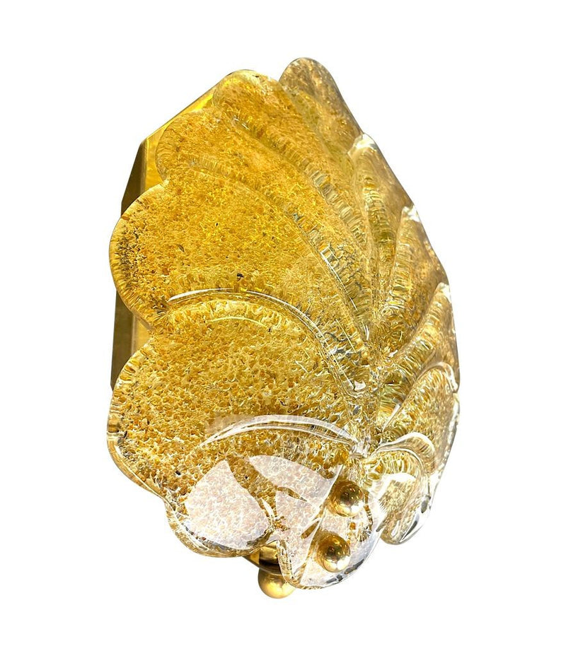 Pair of Mid Century Orrefors glass and brass leaf wall sconces by Reijmyre