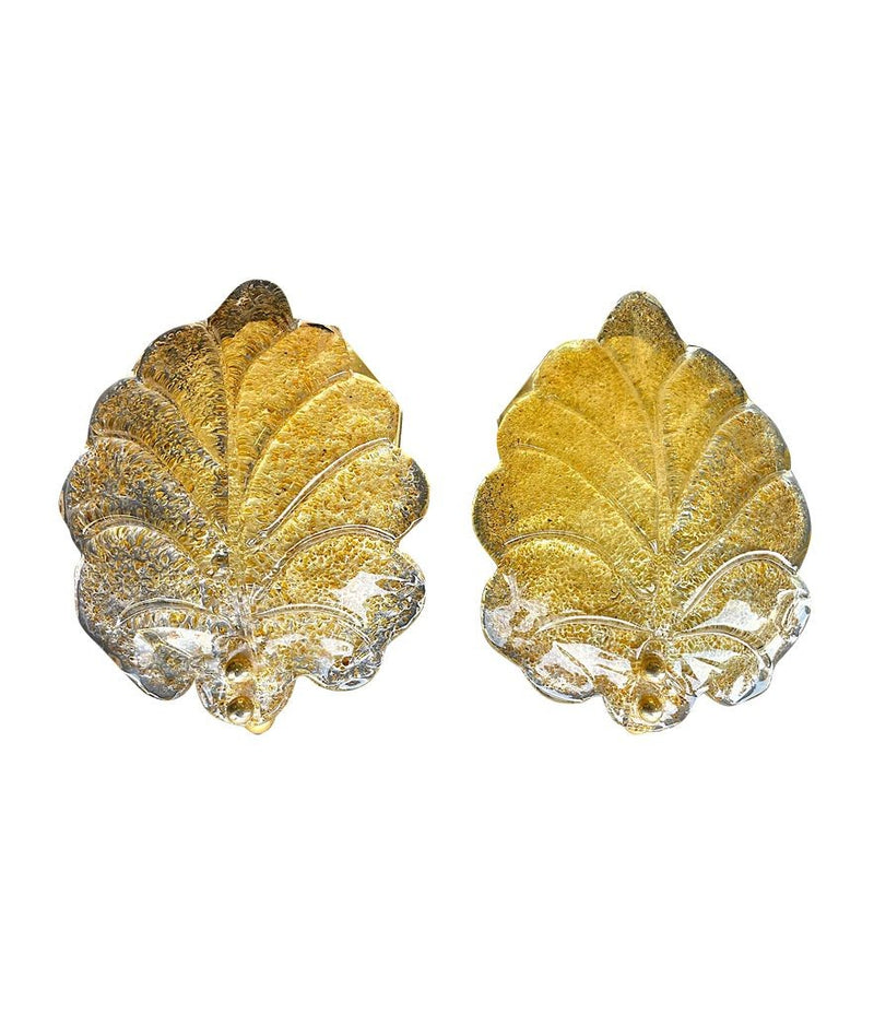 Pair of Mid Century Orrefors glass and brass leaf wall sconces by Reijmyre