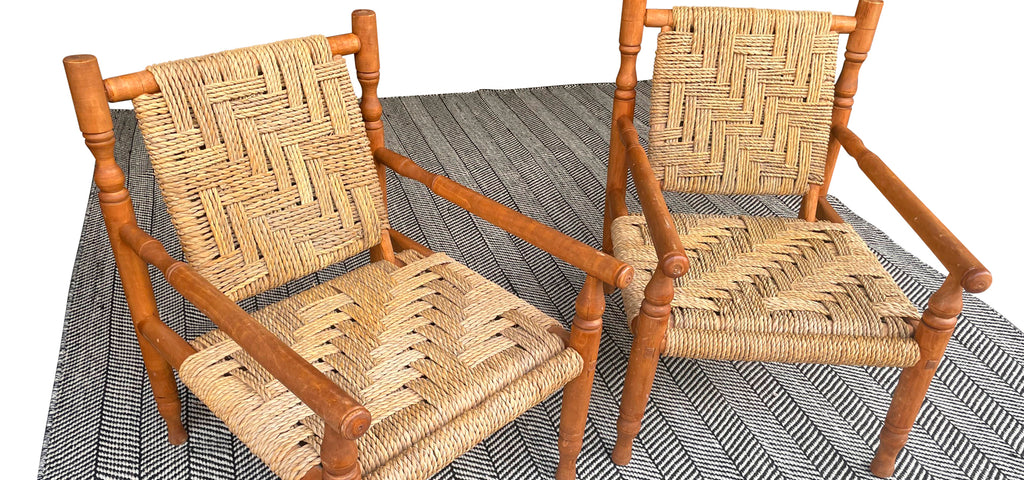 Mid Century chairs woven rope and wood frame