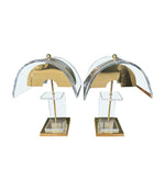 Vintage table lamps 1980s lucite and brass lamp with curved lucite shades and bases