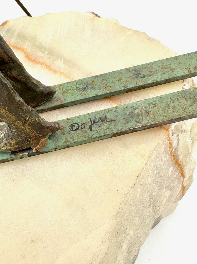 large pair of 1960s bronze cast male & female skiers by Curtis Jere mounted on onyx angled slabs - 1960s