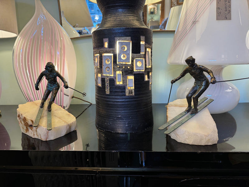 large pair of 1960s bronze cast male & female skiers by Curtis Jere mounted on onyx angled slabs - 1960s