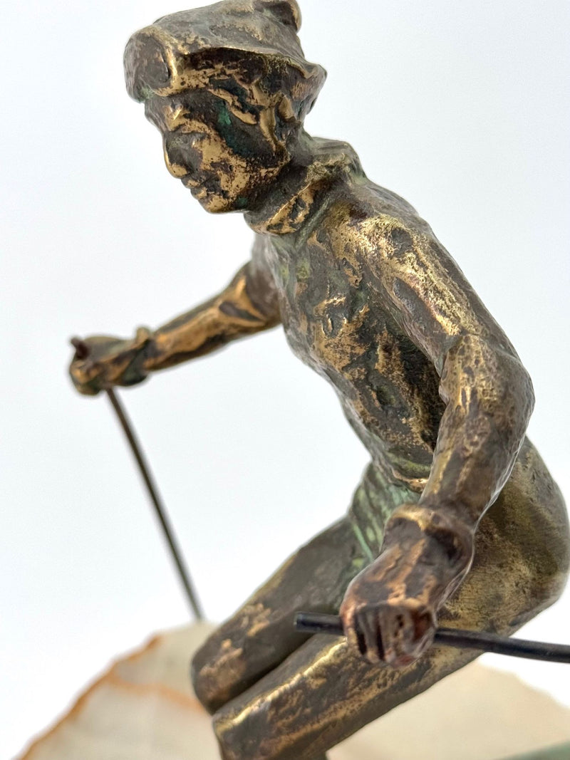 large pair of 1960s bronze cast male & female skiers by Curtis Jere mounted on onyx angled slabs - 1960s