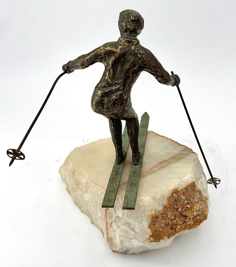 large pair of 1960s bronze cast male & female skiers by Curtis Jere mounted on onyx angled slabs - 1960s