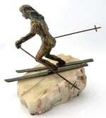large pair of 1960s bronze cast male & female skiers by Curtis Jere mounted on onyx angled slabs - 1960s