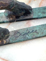 large pair of 1960s bronze cast male & female skiers by Curtis Jere mounted on onyx angled slabs - 1960s