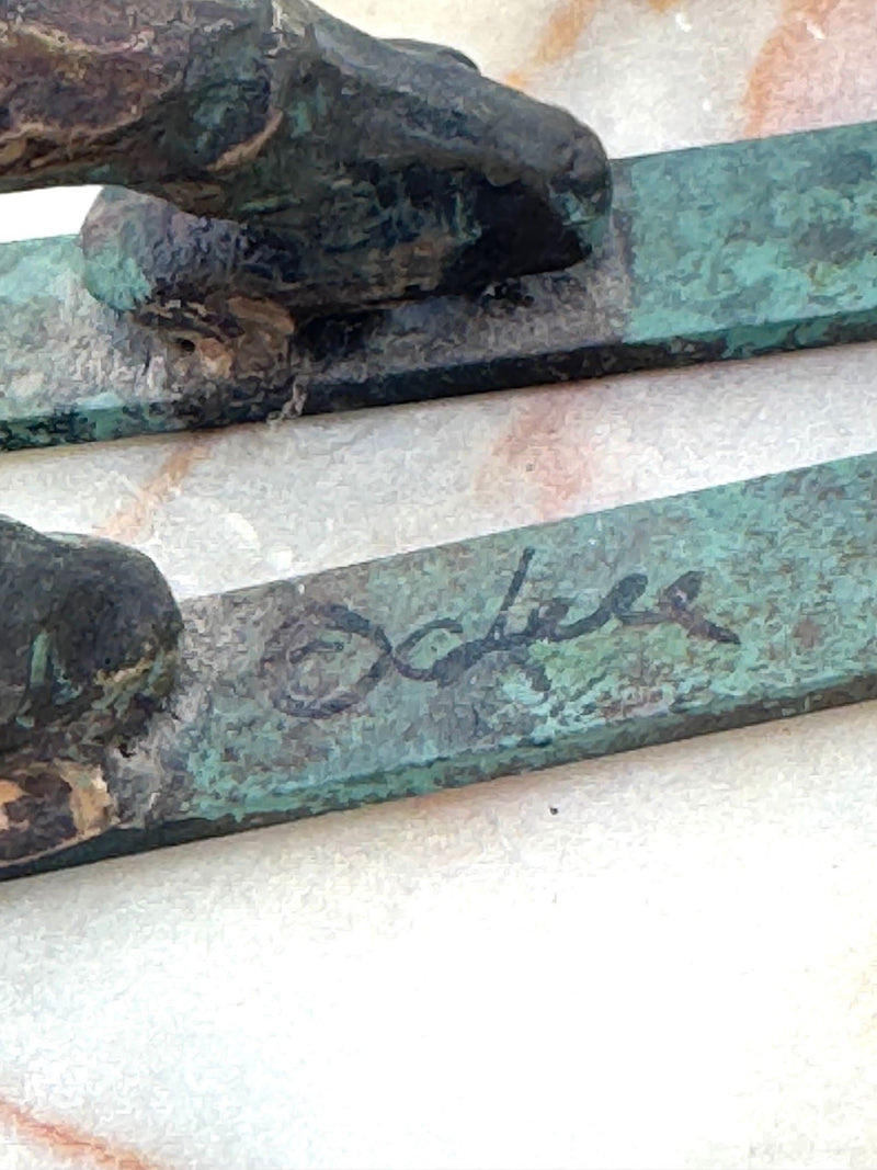 large pair of 1960s bronze cast male & female skiers by Curtis Jere mounted on onyx angled slabs - 1960s