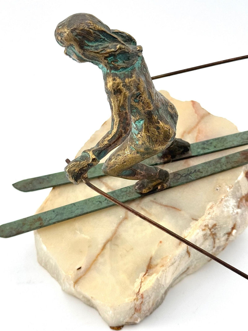 large pair of 1960s bronze cast male & female skiers by Curtis Jere mounted on onyx angled slabs - 1960s