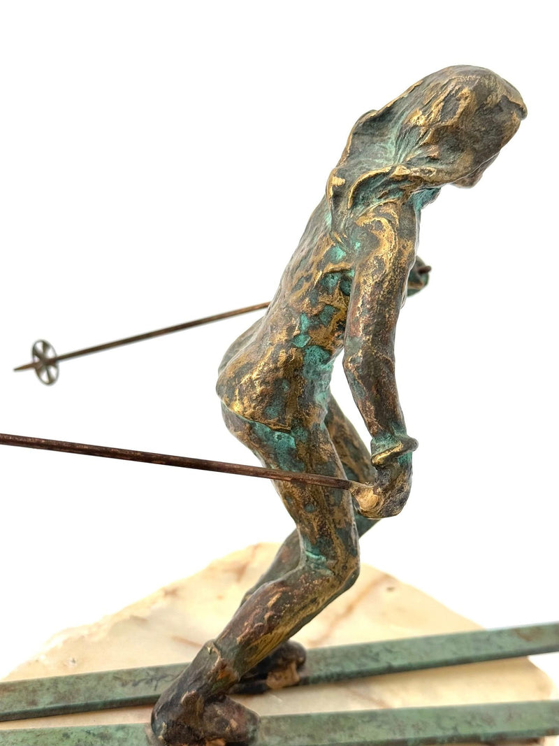 large pair of 1960s bronze cast male & female skiers by Curtis Jere mounted on onyx angled slabs - 1960s