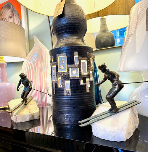 large pair of 1960s bronze cast male & female skiers by Curtis Jere mounted on onyx angled slabs - 1960s