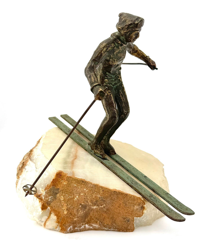 large pair of 1960s bronze cast male & female skiers by Curtis Jere mounted on onyx angled slabs - 1960s