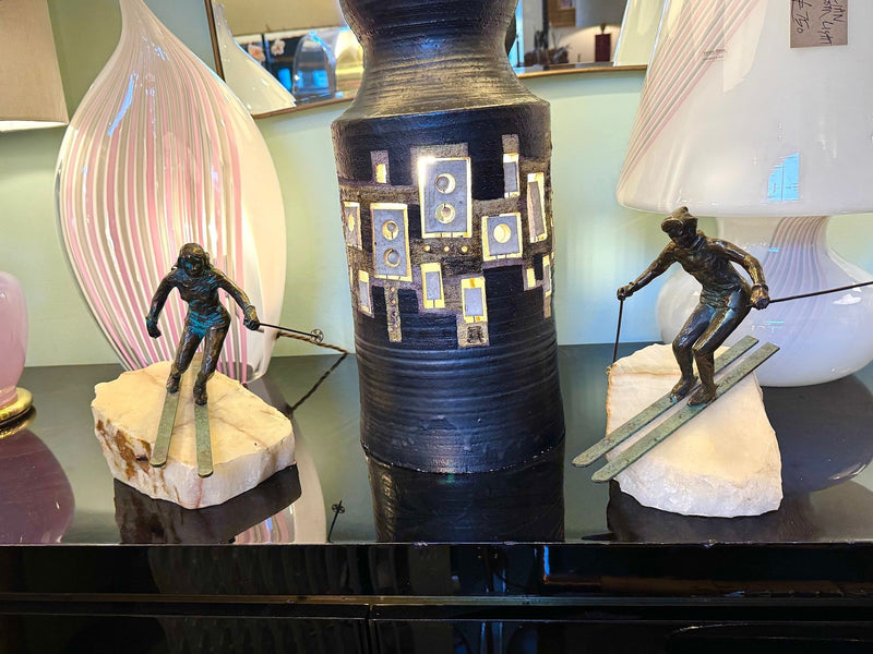 large pair of 1960s bronze cast male & female skiers by Curtis Jere mounted on onyx angled slabs - 1960s