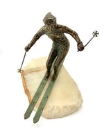 large pair of 1960s bronze cast male & female skiers by Curtis Jere mounted on onyx angled slabs - 1960s
