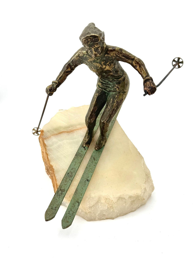 large pair of 1960s bronze cast male & female skiers by Curtis Jere mounted on onyx angled slabs - 1960s