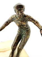 large pair of 1960s bronze cast male & female skiers by Curtis Jere mounted on onyx angled slabs - 1960s