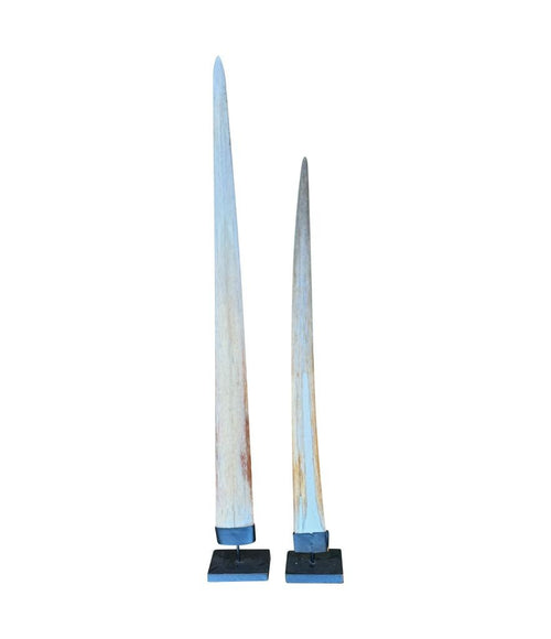 Vintage swordfish bills mounted on black museum stands. 1970s