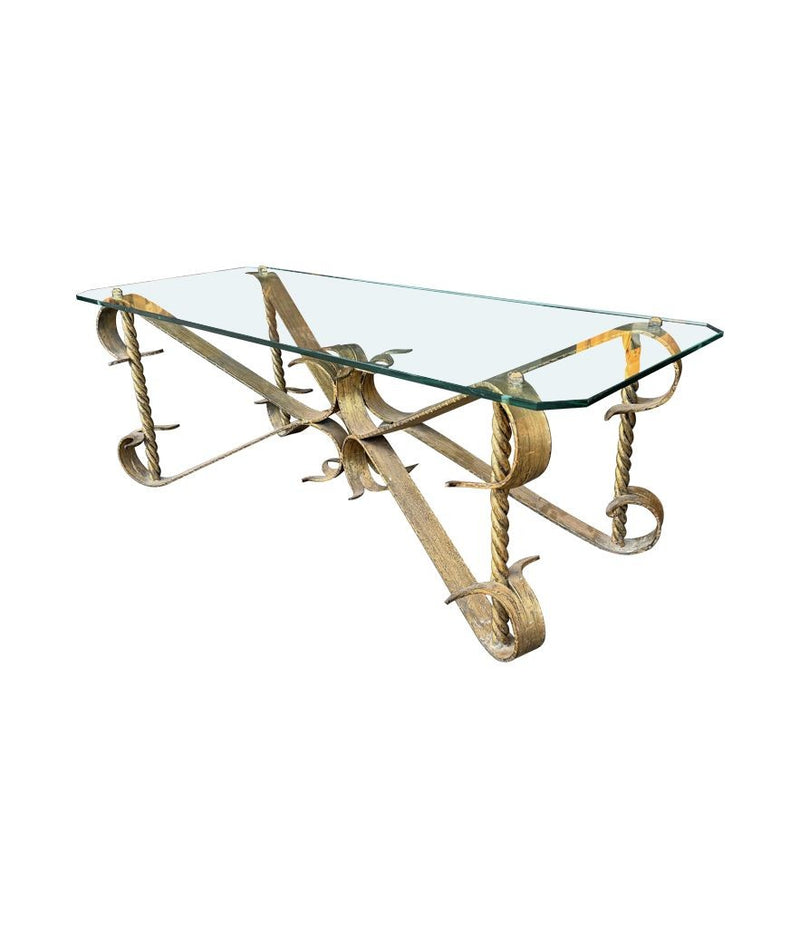 Mid Century coffee table gilt wrought iron with thick glass top, Spanish 1950s