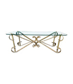 Mid Century coffee table gilt wrought iron with thick glass top, Spanish 1950s